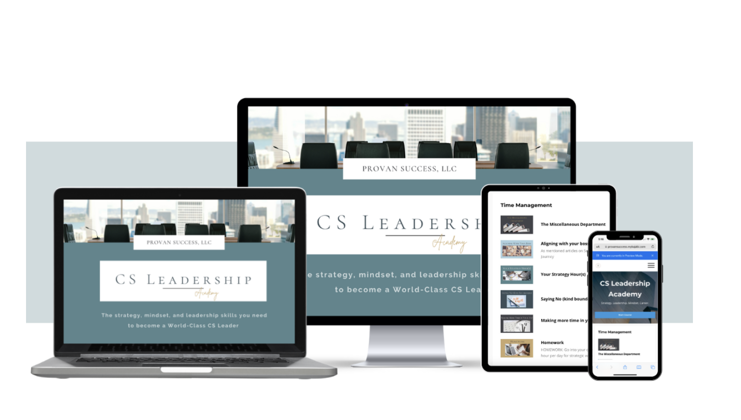 The CS Leadership Academy course shown on laptop, desktop, tablet, and phone